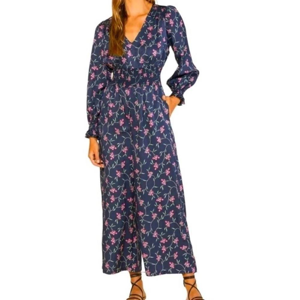 Outerknown City Lights Jumpsuit Organic Cotton Silk Hemp Navy Floral NWT M Smock